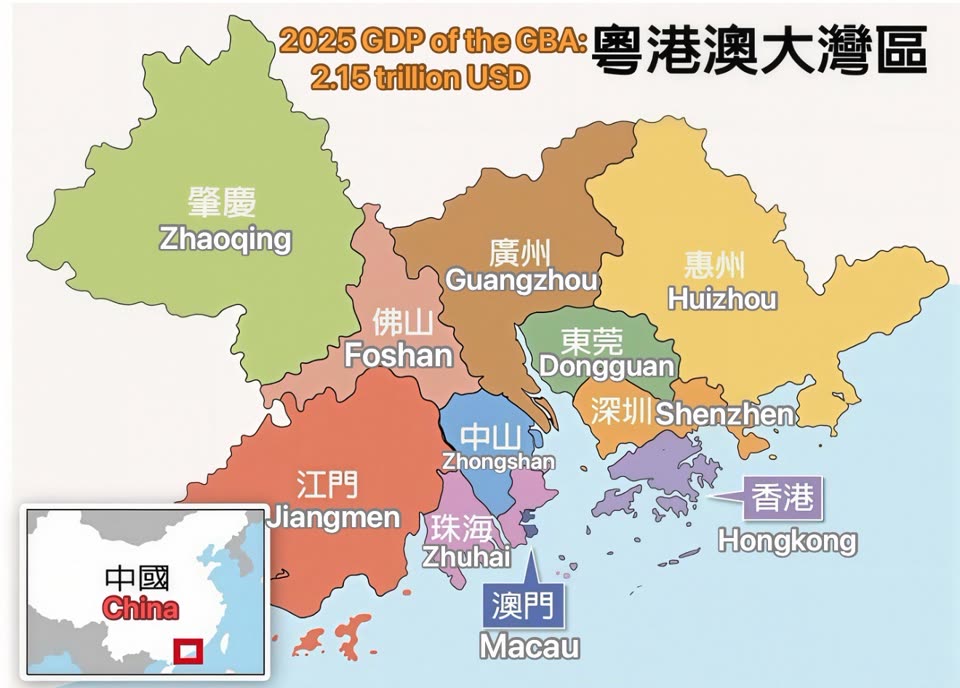 The cities of the Guangdong–Hong Kong–Macao Greater Bay Area — 2025 GDP: 2.15 trillion USD